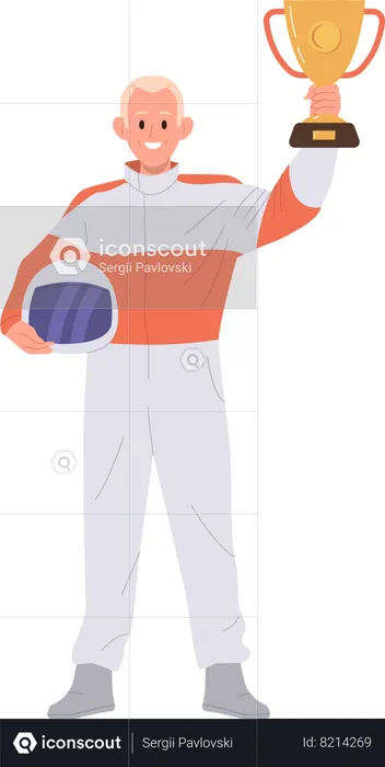 Speed race driver in uniform holding helmet and trophy cup  Illustration