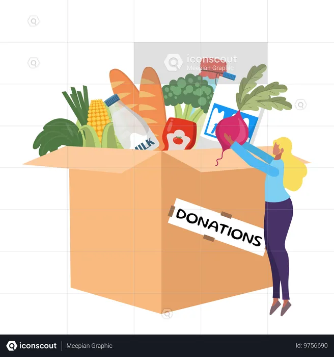 Spendenbox mit Lebensmitteln gefüllt und Freiwilliger legt Gemüse hinein  Illustration