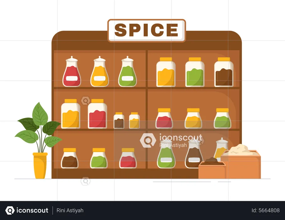 Spicy seasoning shelf at spice store  Illustration