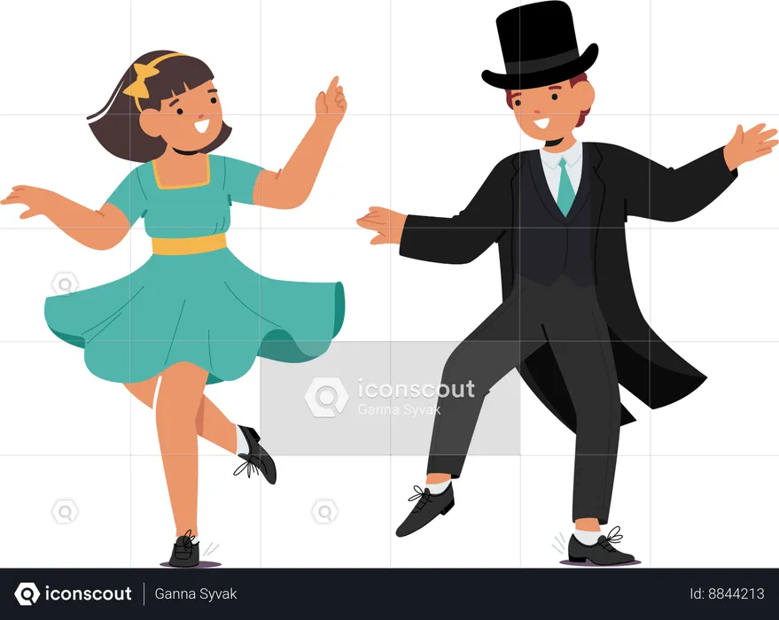 Spirited Little Boy And Girl Characters In Vintage Attire  Illustration