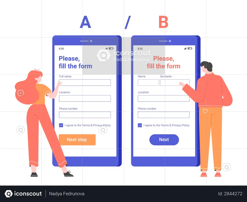 Split AB testing the registration form in the mobile application  Illustration