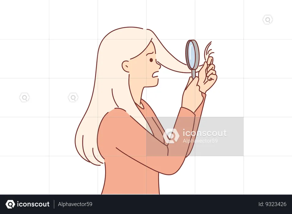 Split ends of hair bother girl with magnifying glass needs trip to hairdresser  Illustration