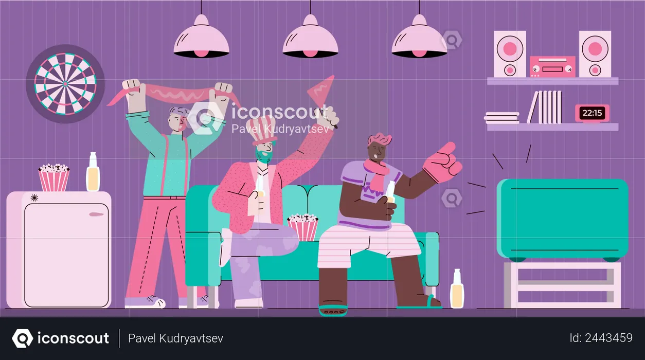 Sport fans watching TV on sofa  Illustration