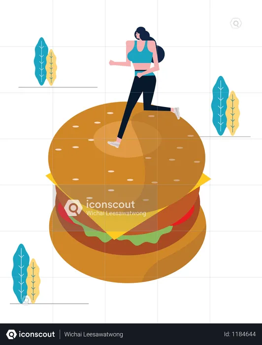 Sport Woman Running On Big Hamburger  Illustration