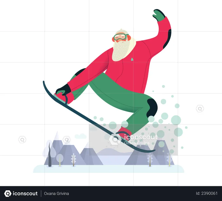 Sporting Santa Enjoying snowboarding  Illustration