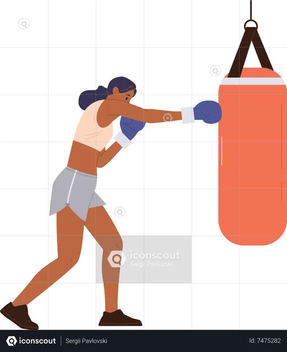 Sportive woman character wearing gloves boxing with punching bag  Illustration