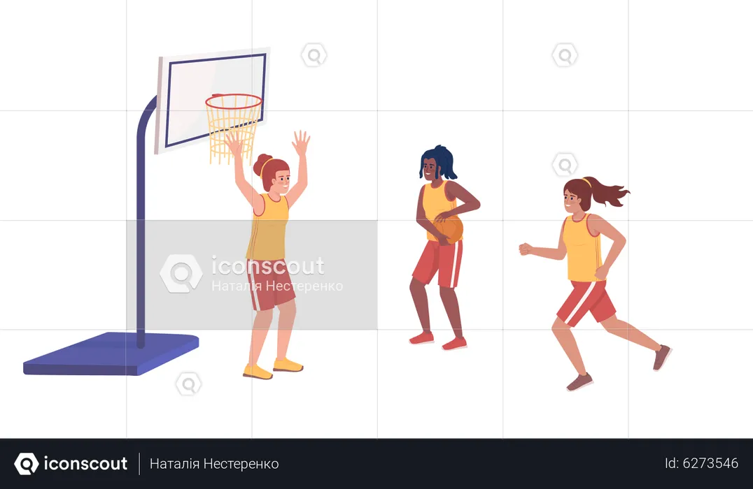 Sportliche Mädchen spielen zusammen Basketball  Illustration