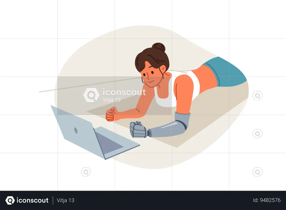 Sports woman with prosthetic arm trains at home and watches video lesson lying on floor in plank  Illustration