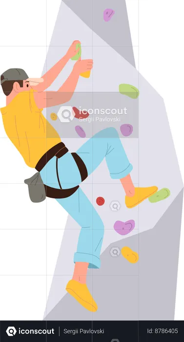 Sportsman climbing on artificial rock bouldering wall  Illustration