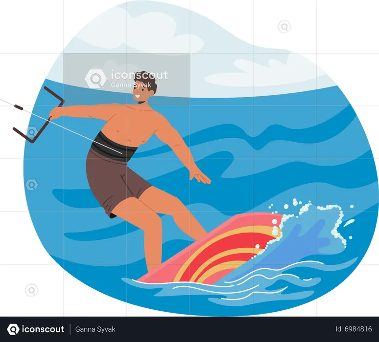 Sportsman Kite Surfing On Ocean Waves  Illustration