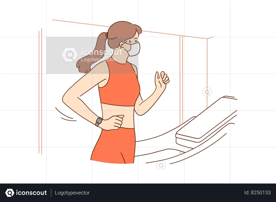 Sportswoman training on treadmill in gym wearing protective medical face mask to protect against covid-19 virus outbreak  Illustration