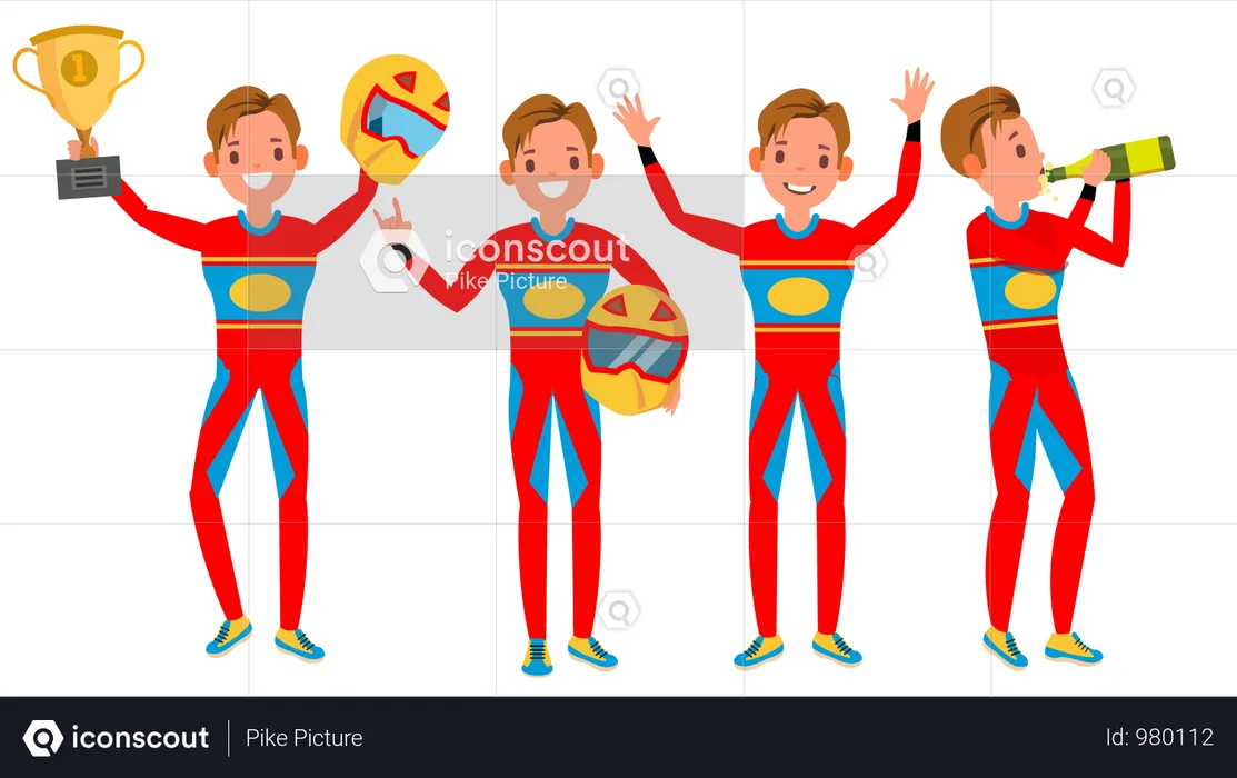 Sportwagen-Rennfahrer in roter Uniform mit unterschiedlicher Pose  Illustration