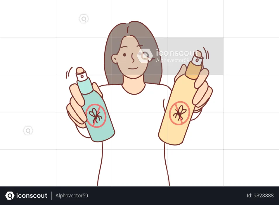 Spray anti-moustique dans les mains d'une femme se protégeant des insectes suceurs de sang qui provoquent des démangeaisons  Illustration