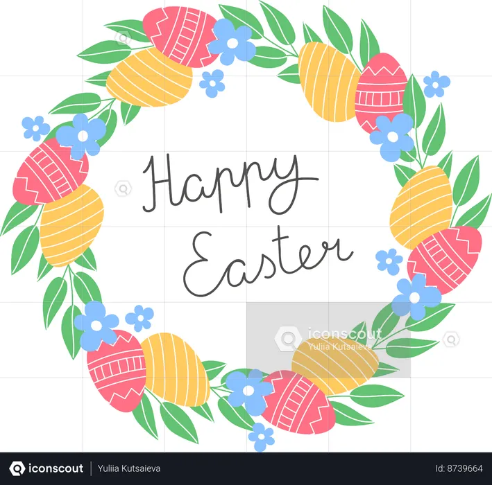 Spring Wreath Of Easter Eggs And Colorful Flowers  Illustration
