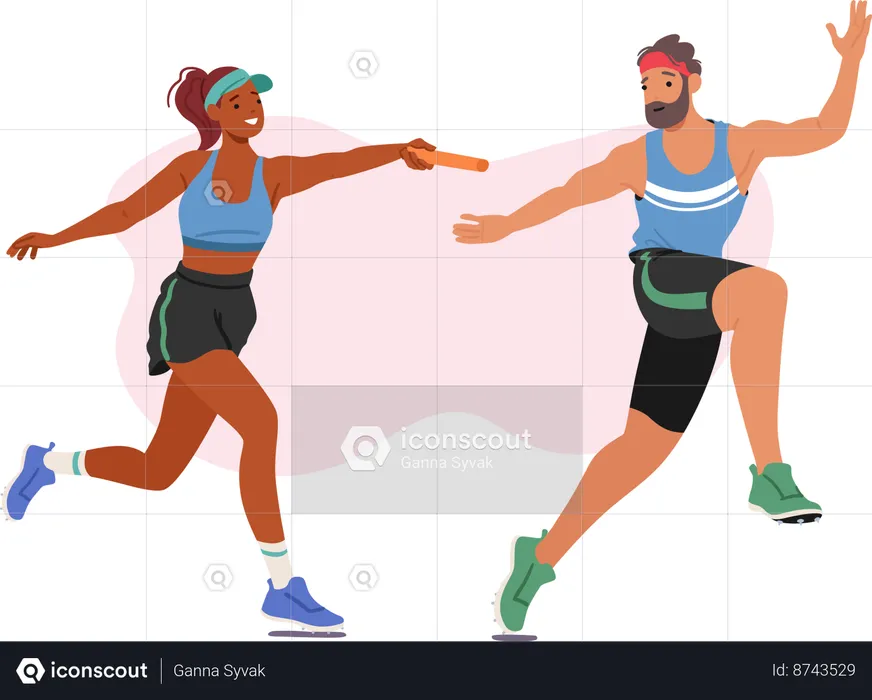 Sprinters Male And Female Pass Baton In Thrilling Relay Race  Illustration