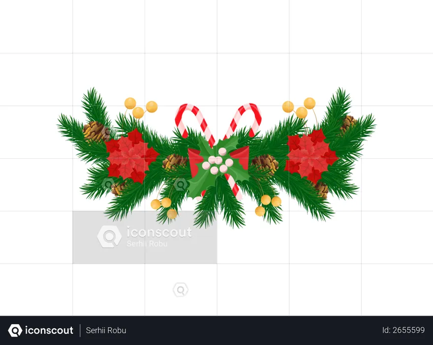 Spruce Branches and White Mistletoe Red Poinsettia  Illustration