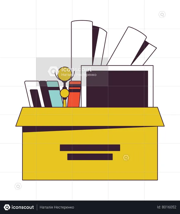 Square cardboard box with personal belongings  Illustration