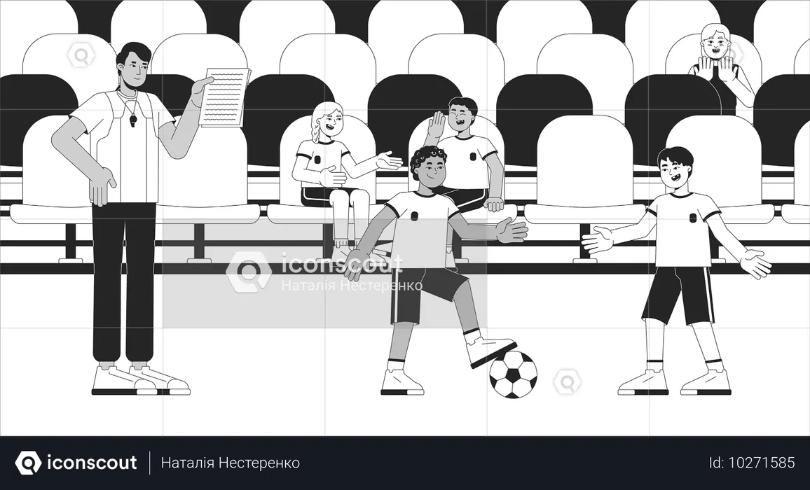 スタジアムのサッカーコーチが練習する子供たち  イラスト