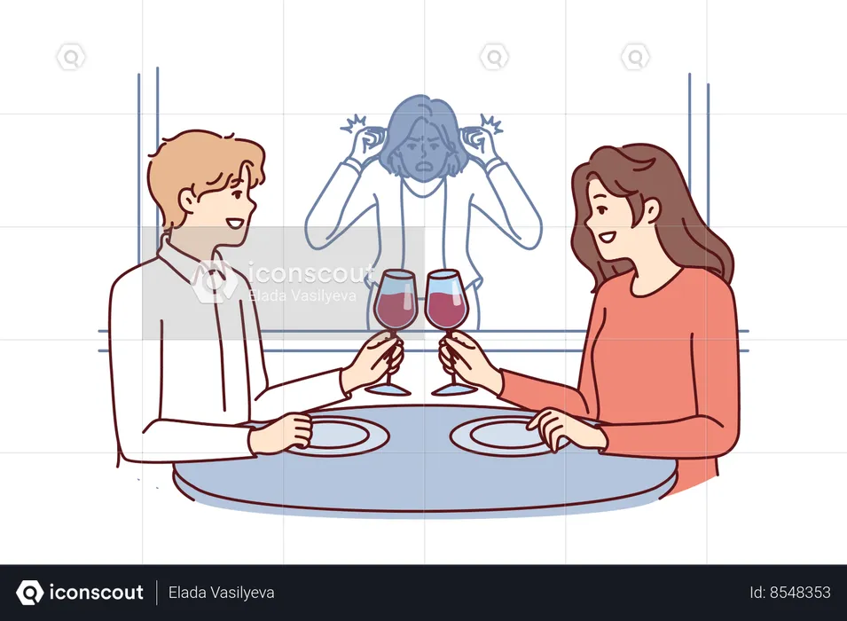 Stalker girl is watching date of former boyfriend drinking wine in restaurant with new girlfriend  Illustration
