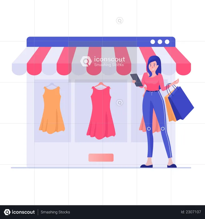 Standing Woman Buying Clothes and Dress  Illustration