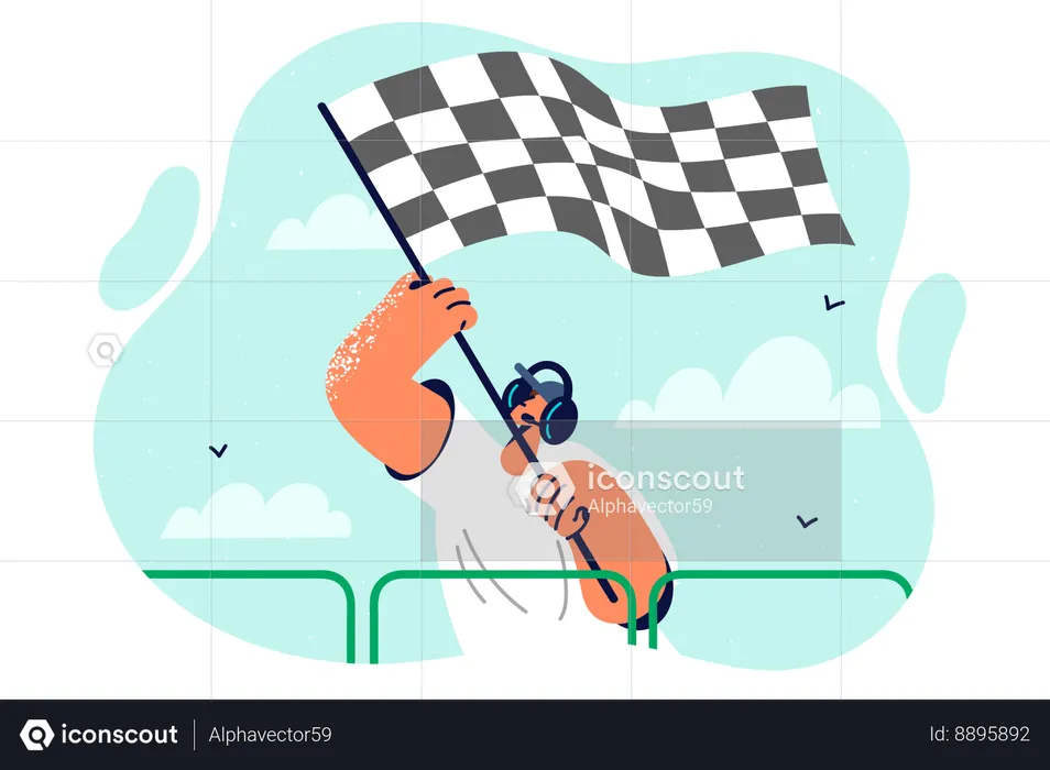 Starting flag in hands of man announcing start of race and giving signal to drivers  Illustration