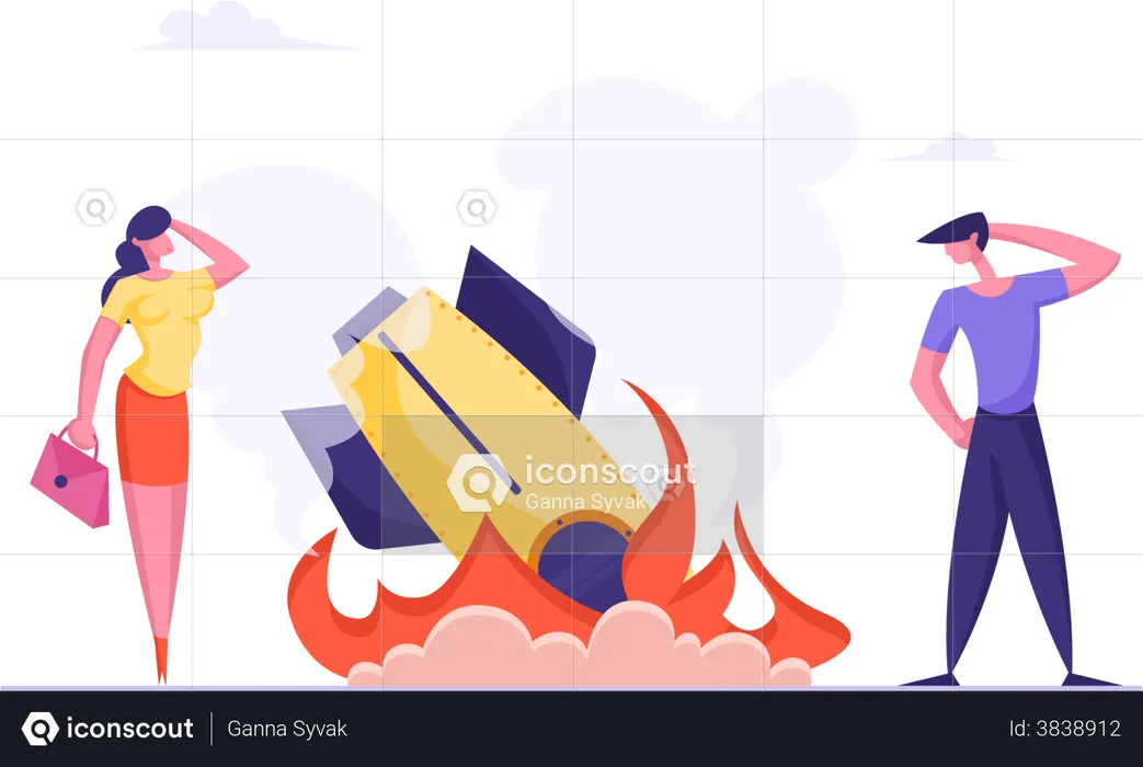 Startup Rocket Crash Concept. Unplanned Business Loss and Fail. Management Mistakes and Problems, First Bad Experience of Workers. Businesspeople Shocked about Failure Cartoon Flat Vector Illustration  Illustration