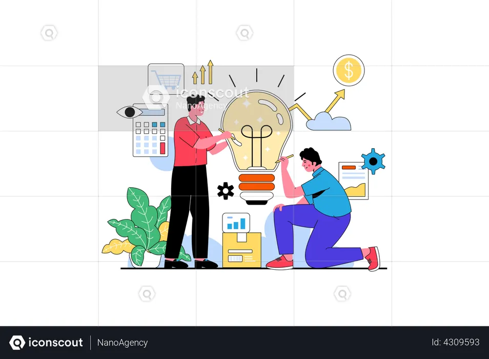Startup Team Working on Idea  Illustration