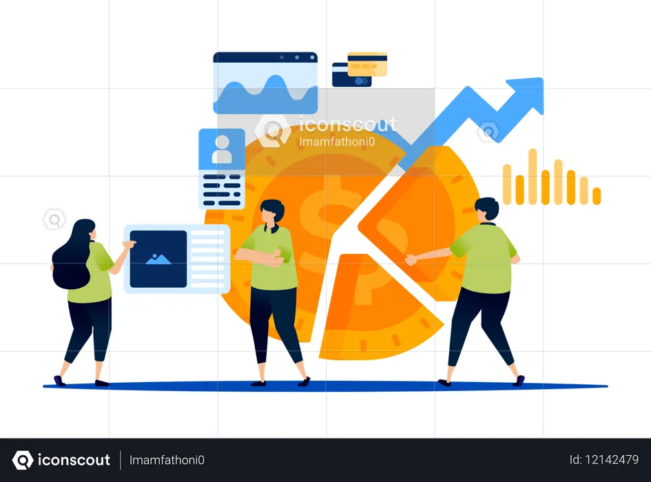 Statistical analysis and pie chart showing profit sharing in financial investments within money market  Illustration