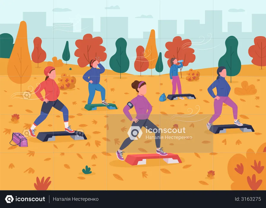 Step up aerobics exercise in park  Illustration