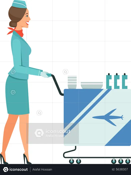 Stewardess push trolley with drinks  Illustration