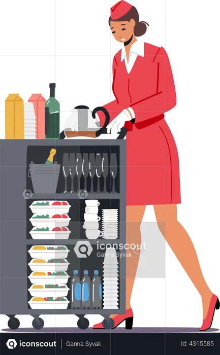 Stewardess Push Trolley with Drinks and Food  Illustration