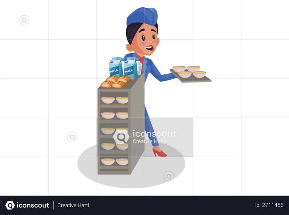 Stewardess serviert Mittagessen  Illustration