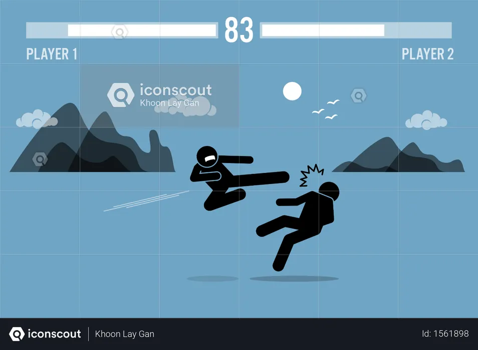 Stick figure fighter characters fighting in a game  Illustration