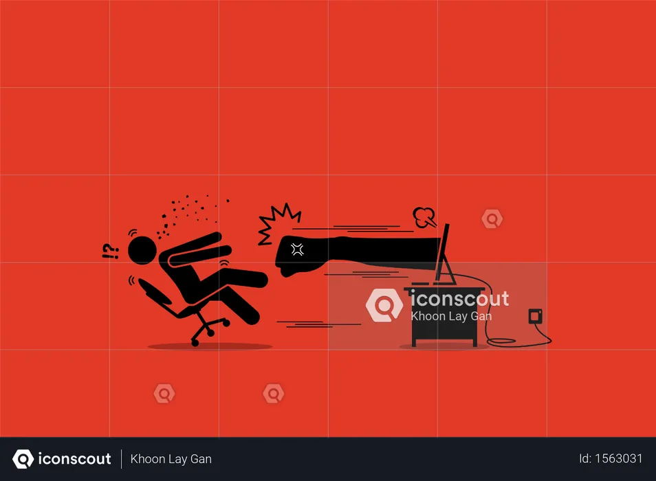 Stick figure man being punched by an angry hater fist flying out from the computer monitor screen  Illustration