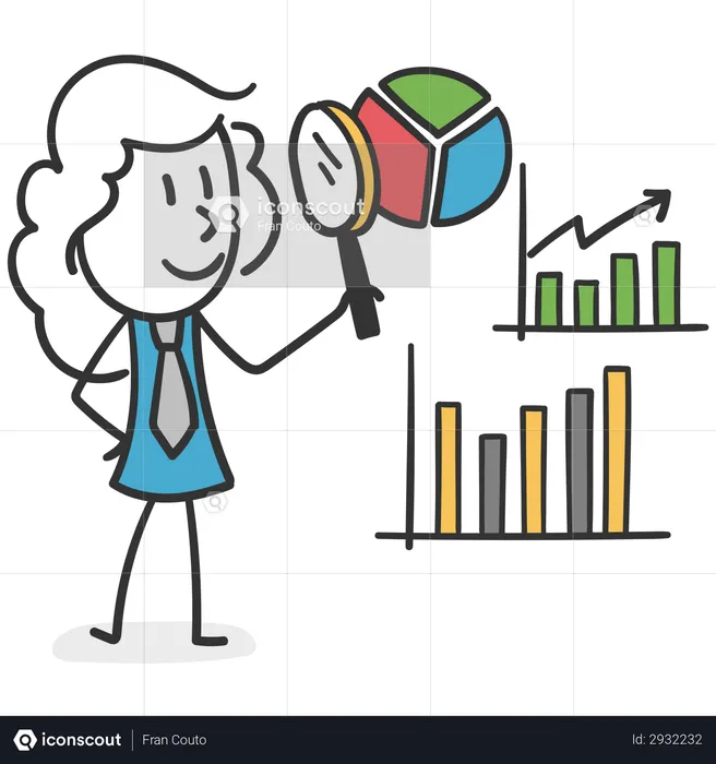 Stick girl com lupa examinando estatísticas  Ilustração