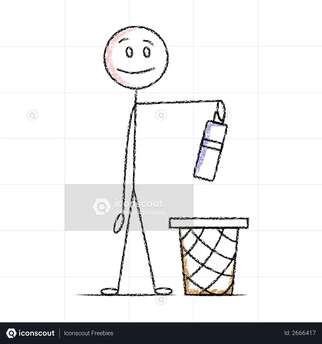 Stick man putting waste in dustbin  Illustration