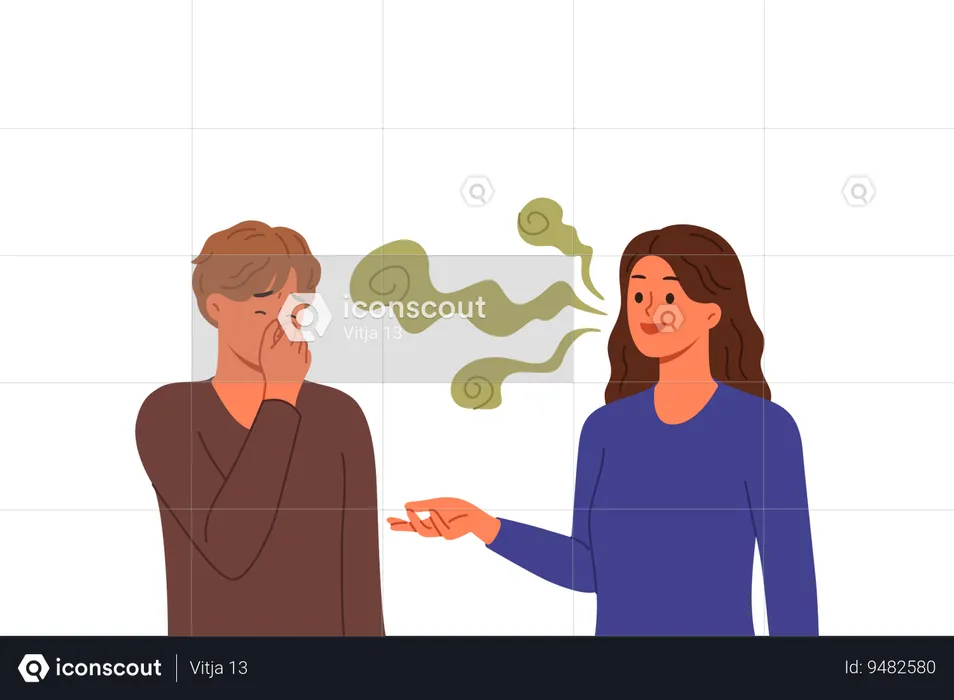 Stinky breath woman with bad teeth or caries irritates guy covering nose with hand  Illustration