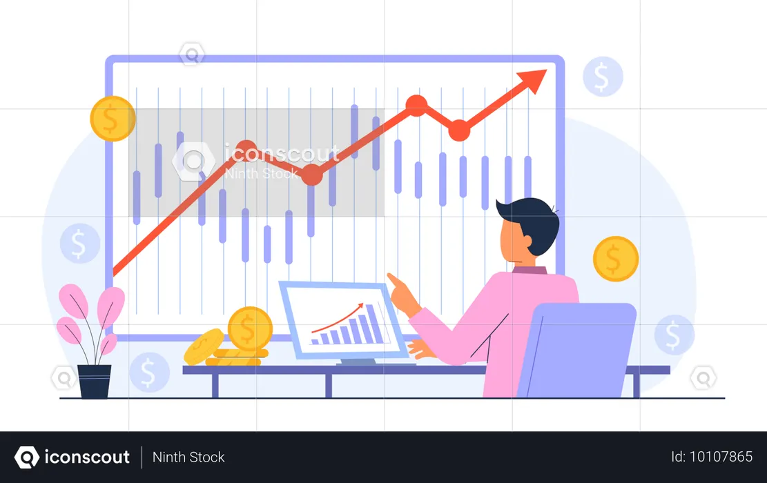 O trader do mercado de ações analisa o gráfico de crescimento  Ilustração