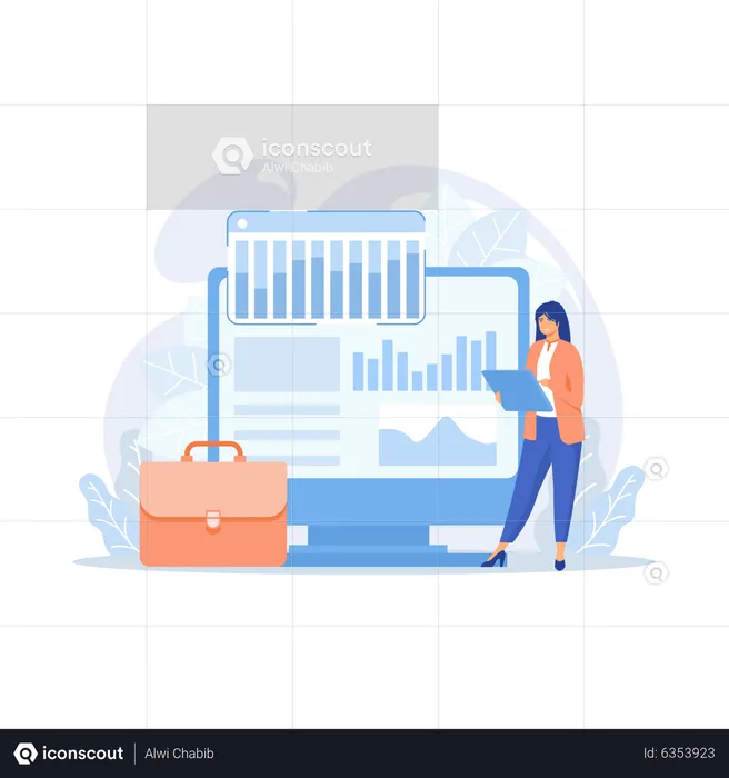 Stocktaking process. Financial operation. Tax reporting, management software, enterprise program. Woman doing bookkeeping and auditing cartoon character. flat vector modern illustration  Illustration