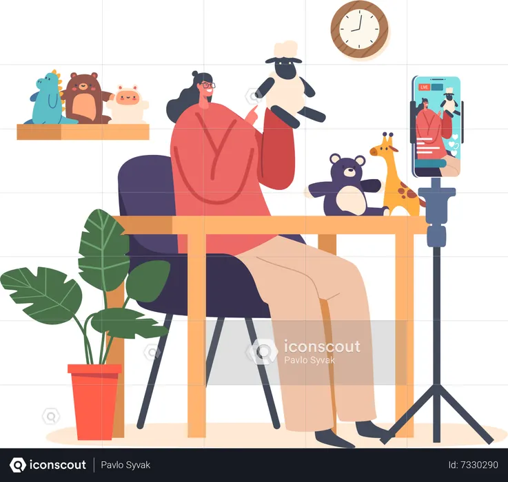 Streamer Perform Handmade Toys Sitting at Table with Smartphone on Holder  Illustration