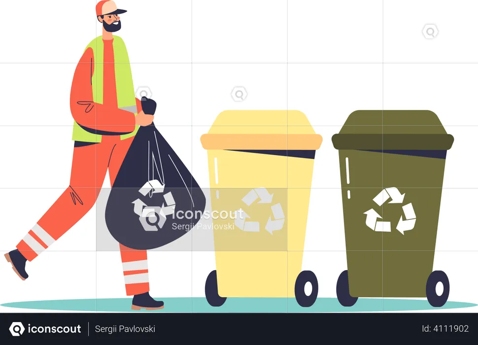 Street cleaner gathering garbage, trash collector service worker in uniform at recycle containers  Illustration