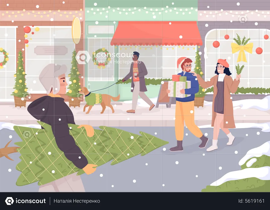 Street decorated for Christmas  Illustration