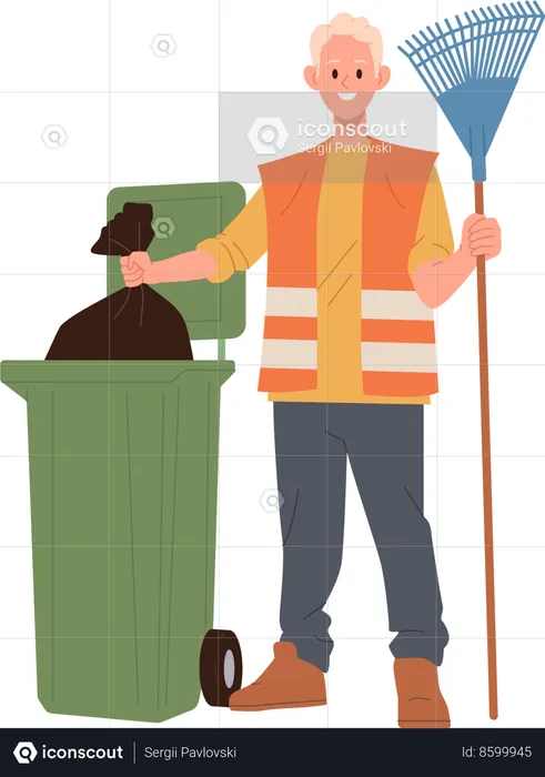 Street janitor public service worker throwing packet with dry foliage  Illustration