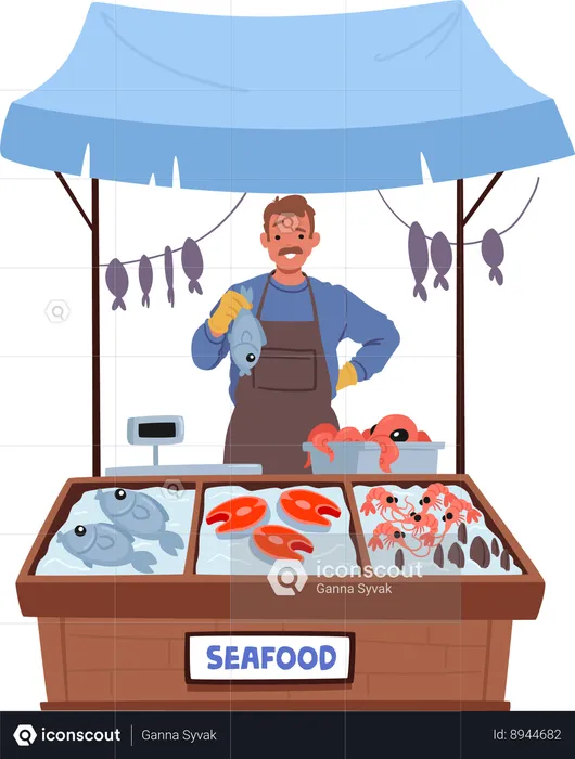 Street vendor sells sea food  Illustration