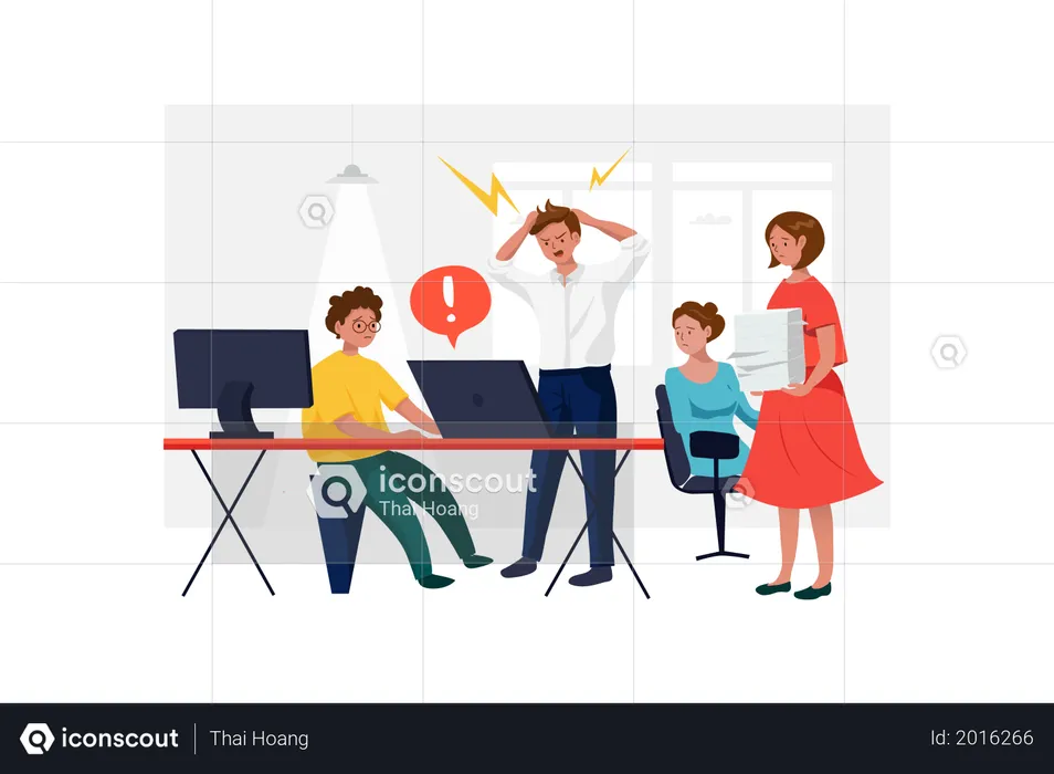 Stressed angry young man crashed laptop at the workplace in front of his colleague  Illustration