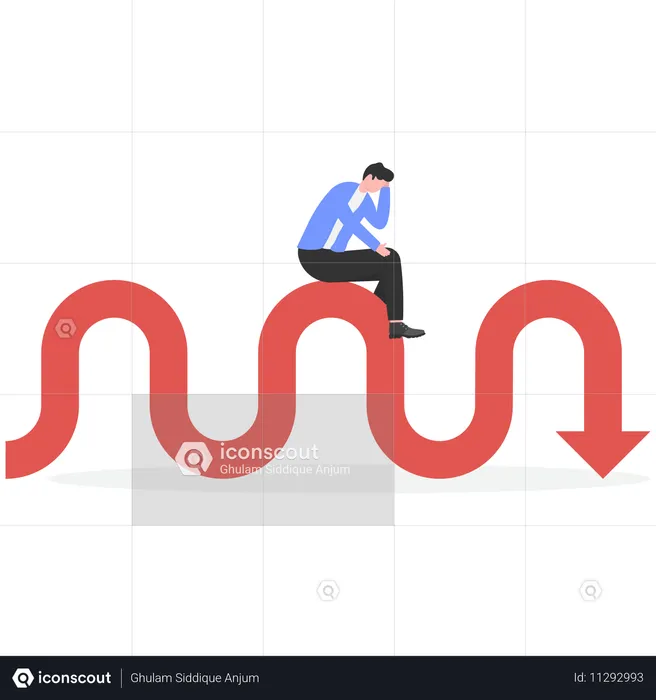 Stressed businessman sitting on stock market fluctuation arrow  Illustration