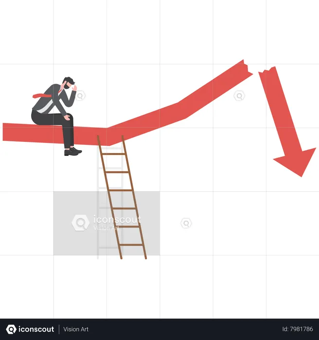 Stressed businessman with broken down statistic arrow falling down  Illustration
