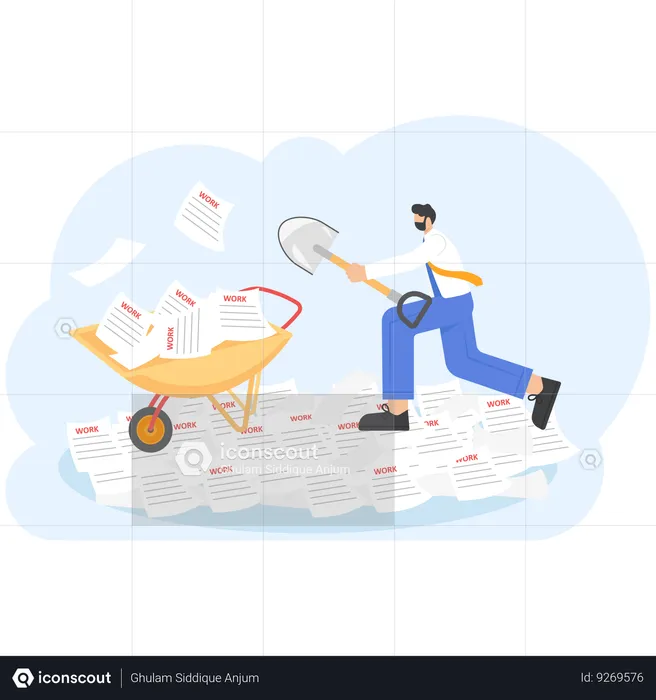 Stressed businessman with shovel digging a big pile of paperwork  Illustration