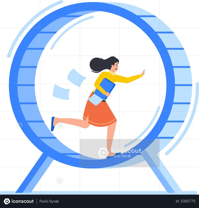 Stressed Businesswoman Running in Hamster Wheel  Illustration