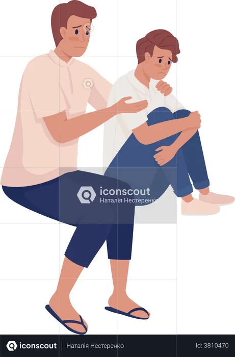 Stressed father and son sitting together  Illustration